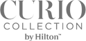 The image shows the logo for "Curio Collection by Hilton," featuring stylized text in a monochrome color scheme.